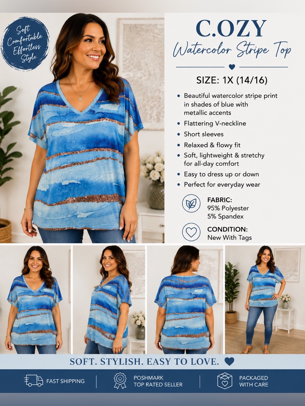 C.O.Z.Y - XL Blue Watercolor Stripe V-Neck Stretch Top NWT